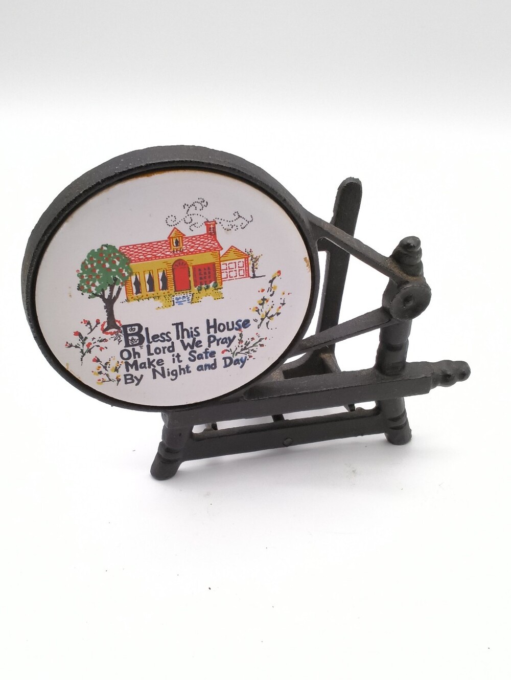 Vintage Cast Iron & Ceramic Spinning Wheel Napkin Mail Holder - Bless This House